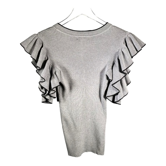 By Design Sweater Pull Over Heather Grey Black Ruffle Sleeve Scoop Neck Size L - Picture 2 of 9